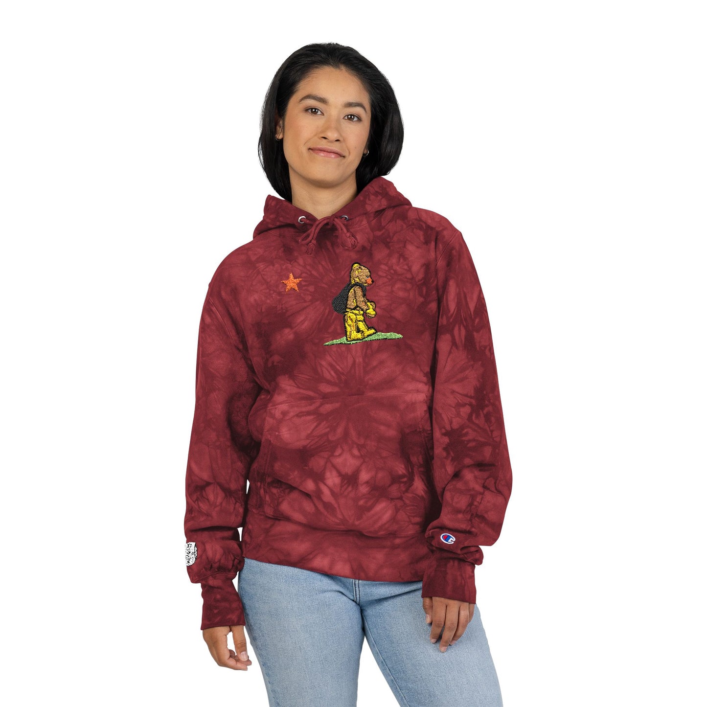 Embroidered Tie-Dye Hoodie — Floral Bear Graphic