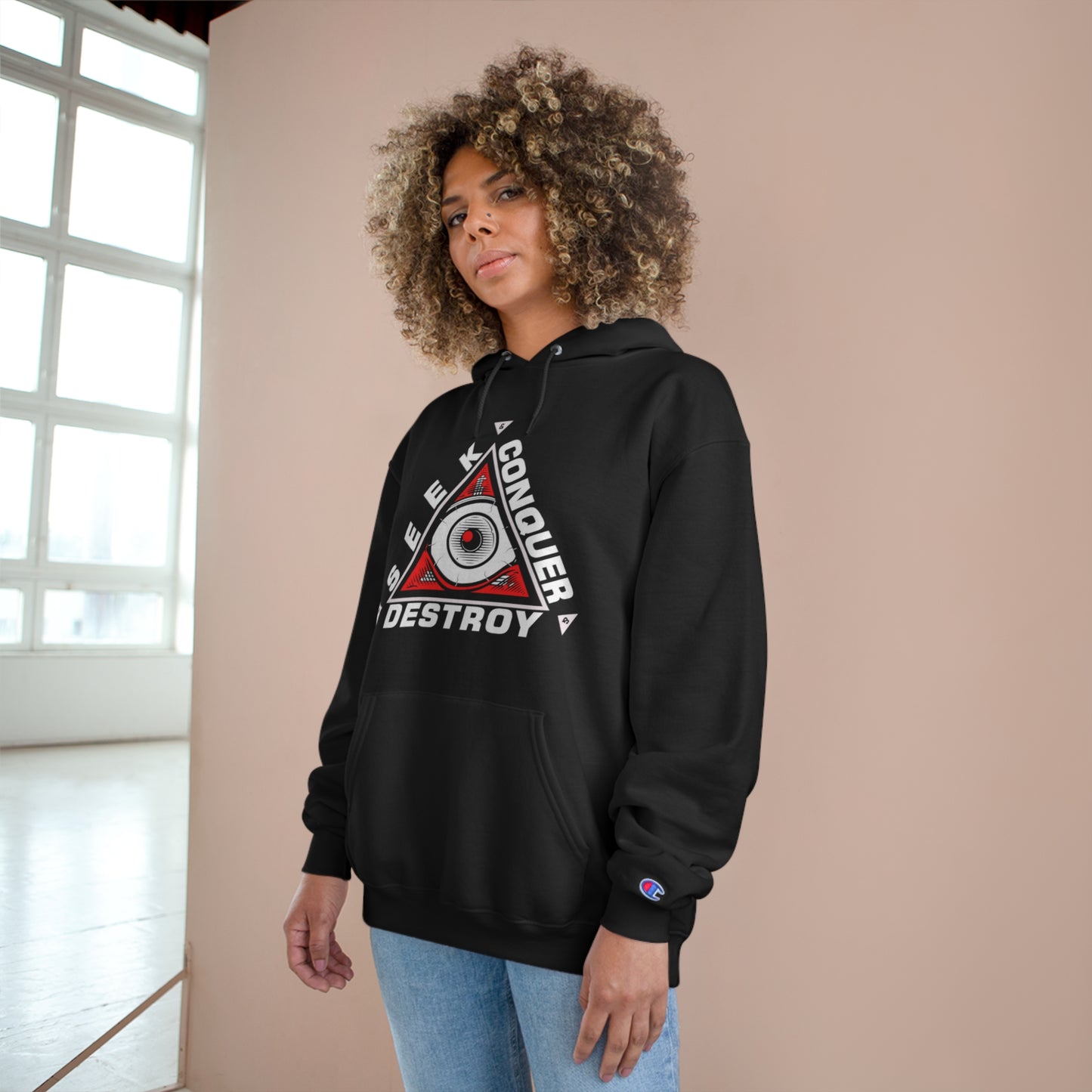 Eye of the Beholder Seek Conquer & Destroy Aim High Champion Hoodie