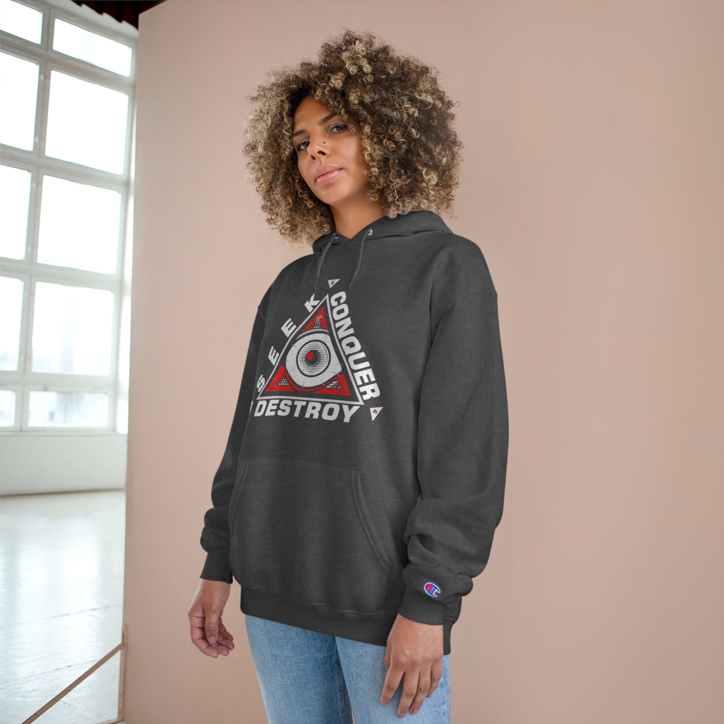 Eye of the Beholder Seek Conquer & Destroy Aim High Champion Hoodie