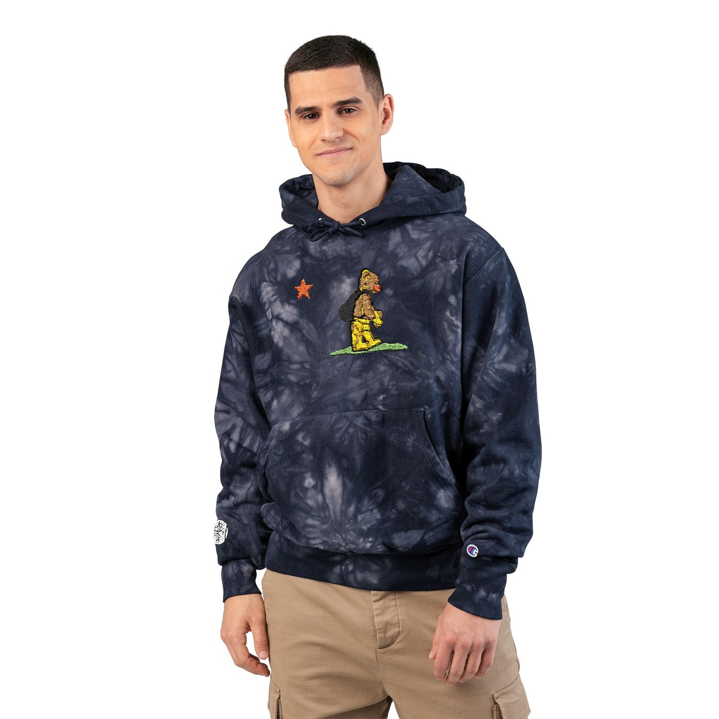 Embroidered Tie-Dye Hoodie — Floral Bear Graphic