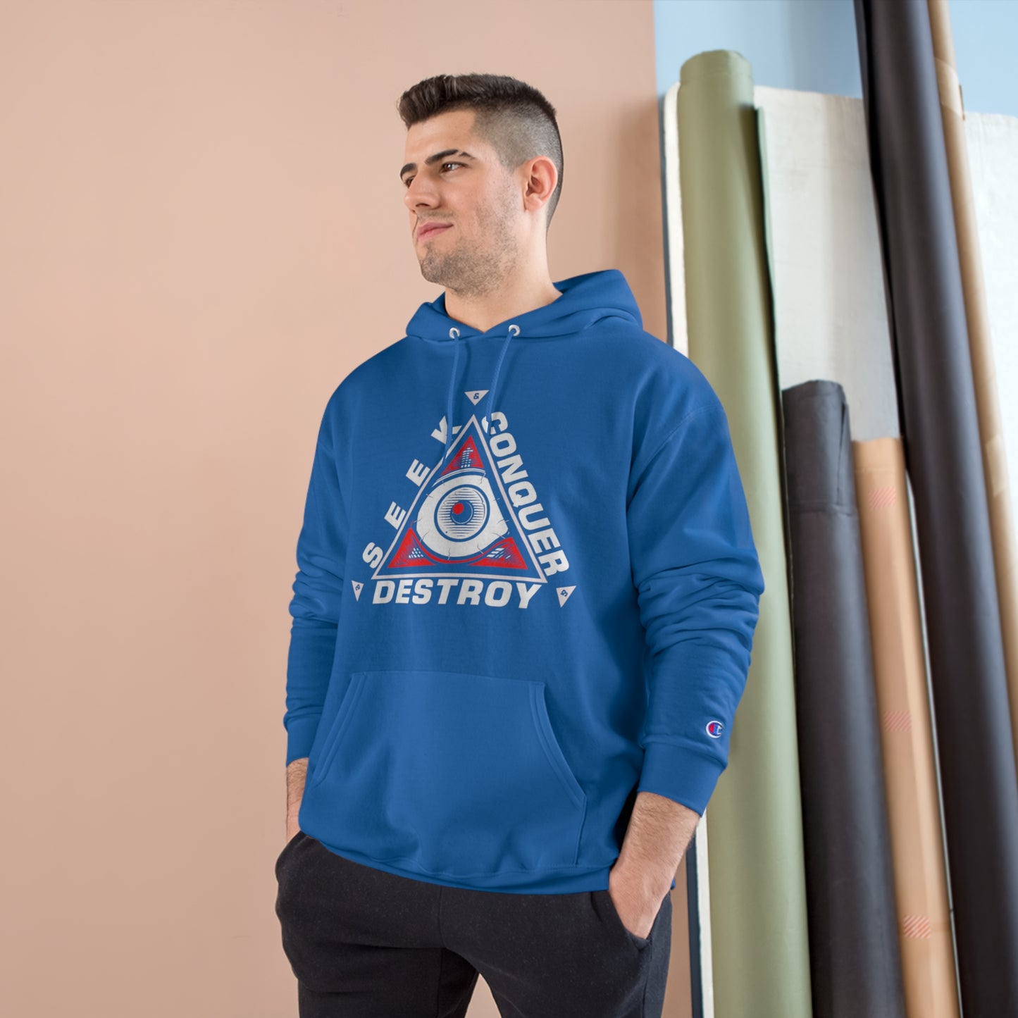 Eye of the Beholder Seek Conquer & Destroy Aim High Champion Hoodie