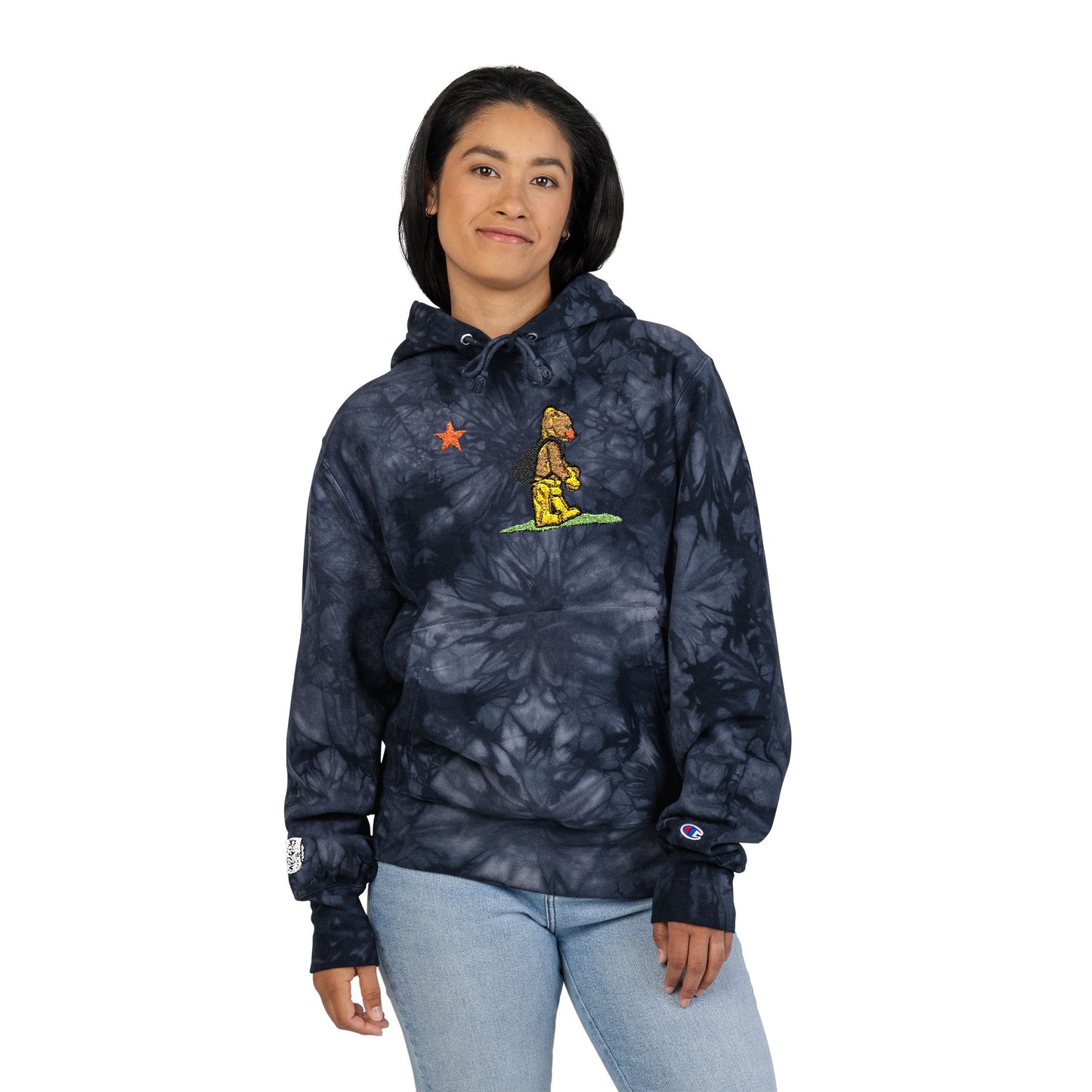 Embroidered Tie-Dye Hoodie — Floral Bear Graphic
