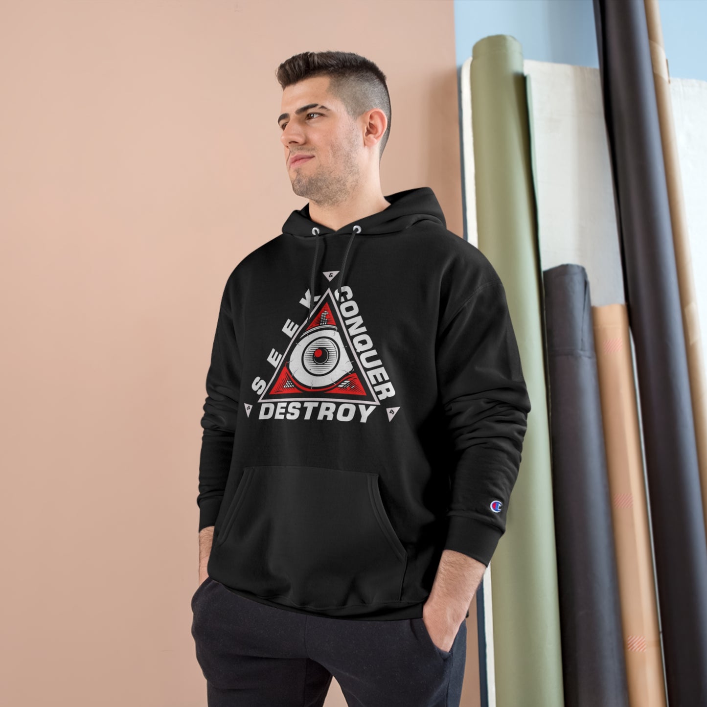 Eye of the Beholder Seek Conquer & Destroy Aim High Champion Hoodie
