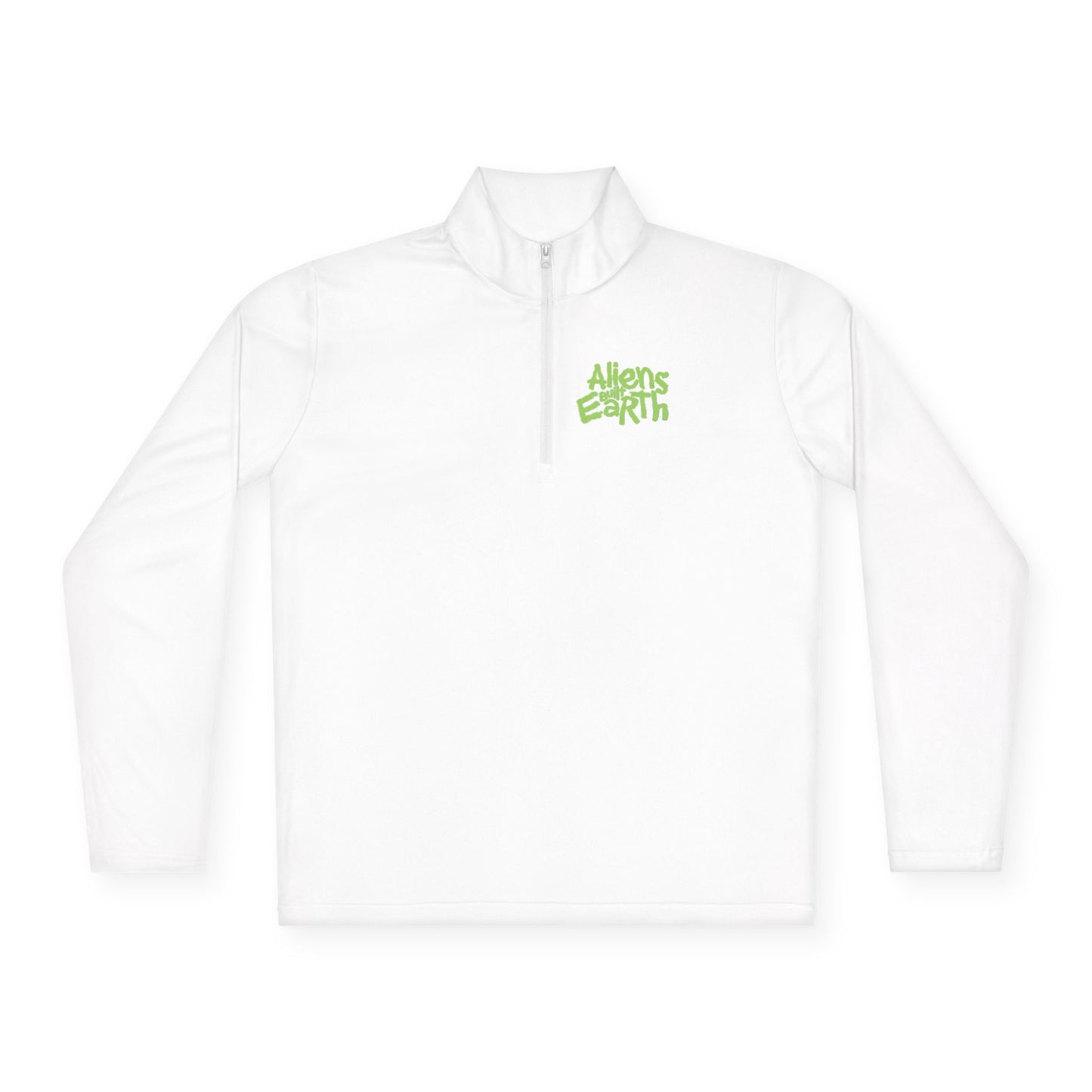 Women's Aliens Built Earth Quarter-Zip Pullover — Neon Smiley 'Please Don’t Panic' Graphic