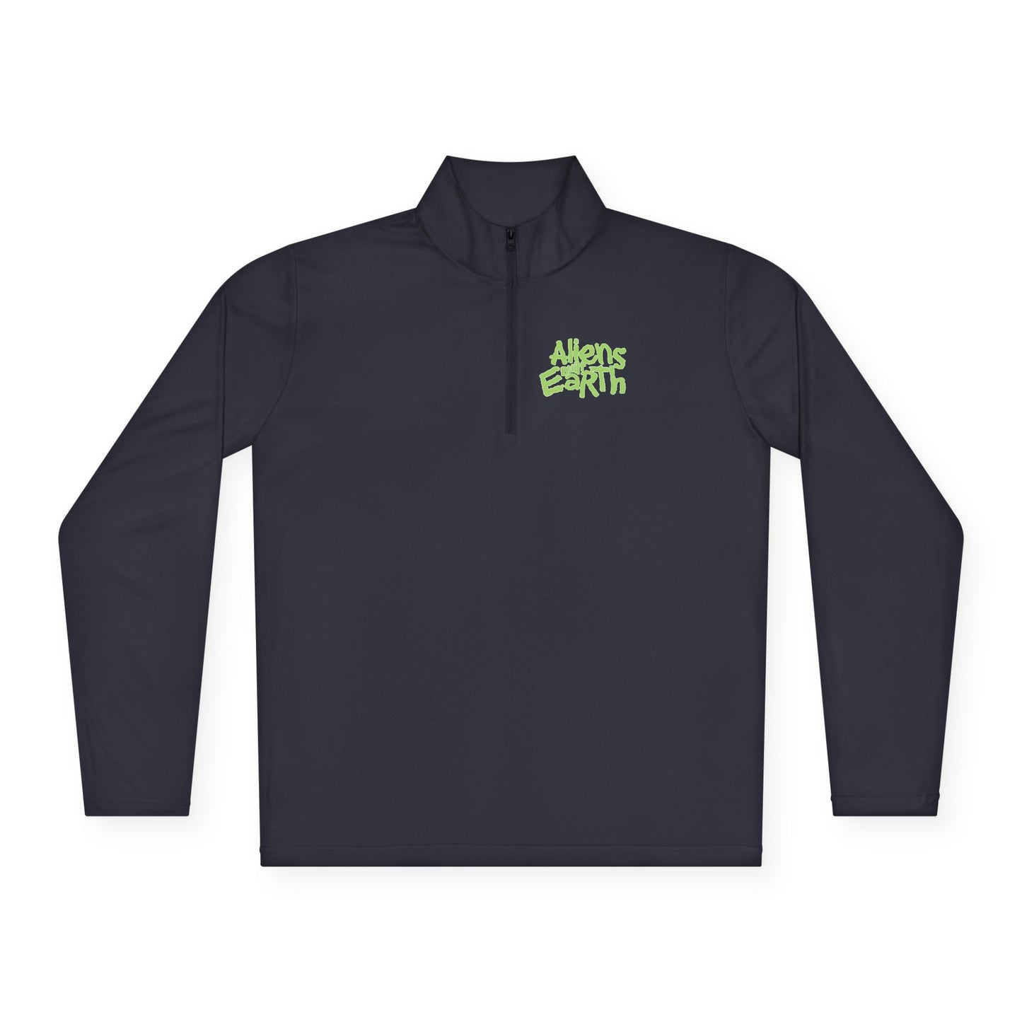 Women's Aliens Built Earth Quarter-Zip Pullover — Neon Smiley 'Please Don’t Panic' Graphic