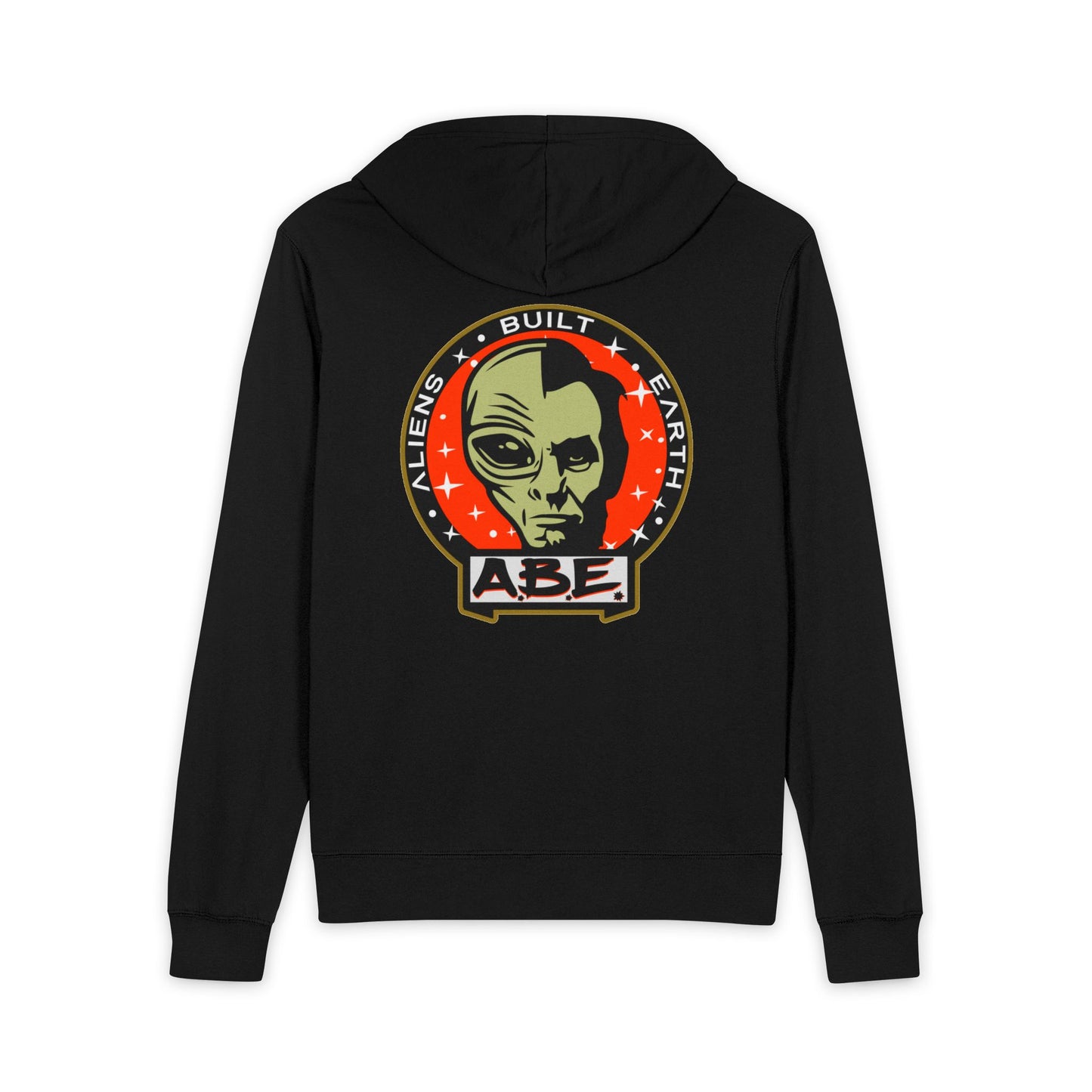 Alien Built Earth Zip Hoodie — 'ABE' Retro Sci‑Fi Half A.B.E Logo Full‑Zip Hoodie