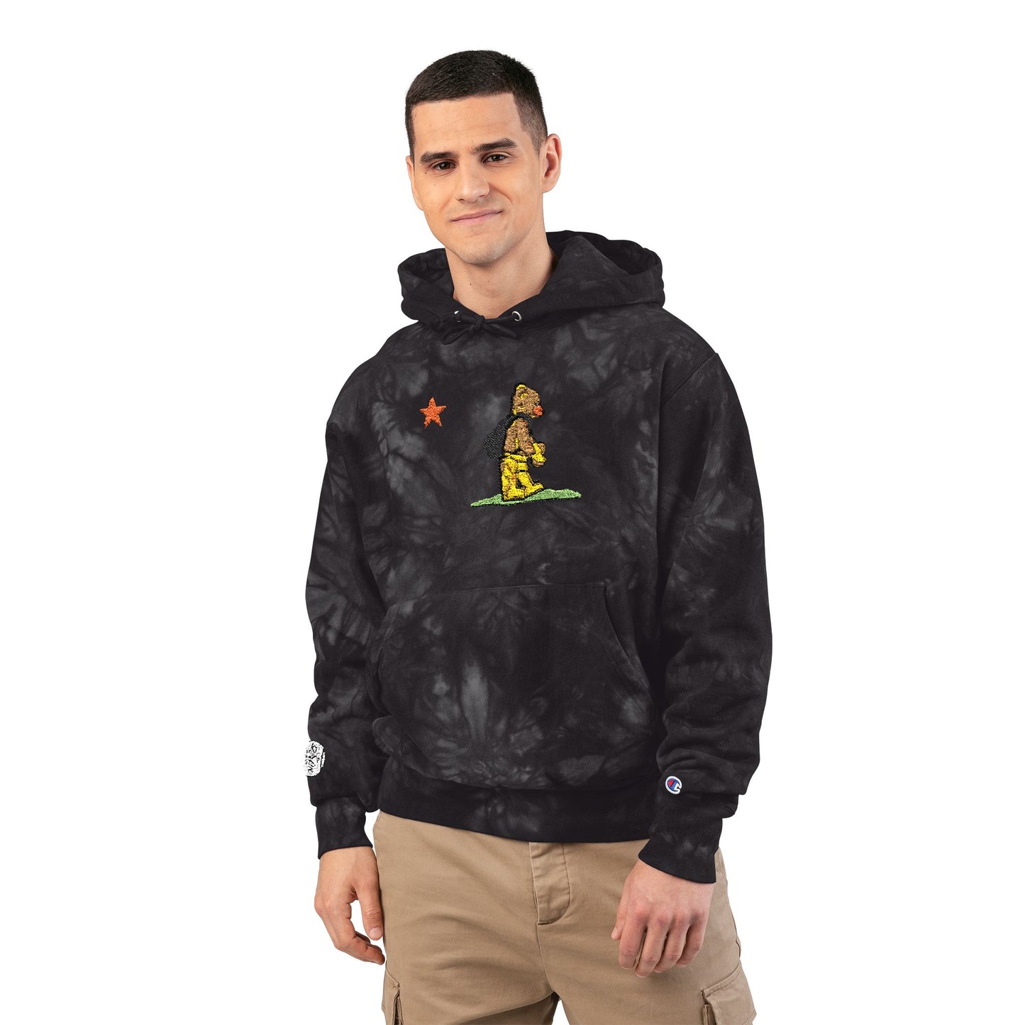 Embroidered Tie-Dye Hoodie — Floral Bear Graphic