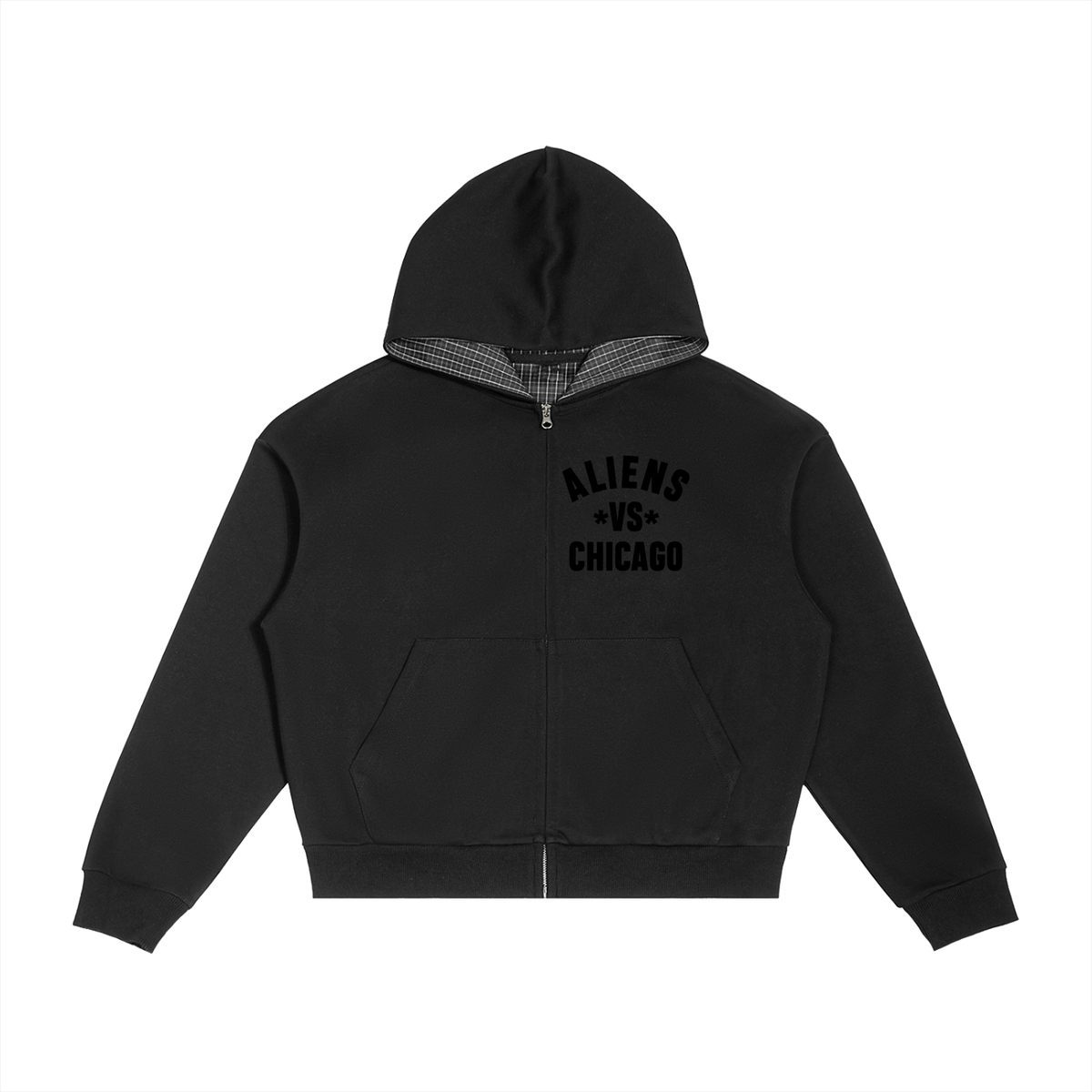 Aliens Vs Chicago Contrast Plaid Boxy Zip Hoodie