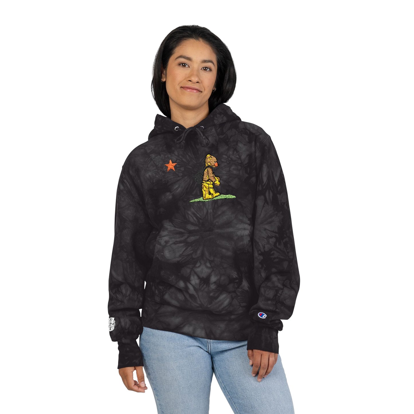 Embroidered Tie-Dye Hoodie — Floral Bear Graphic