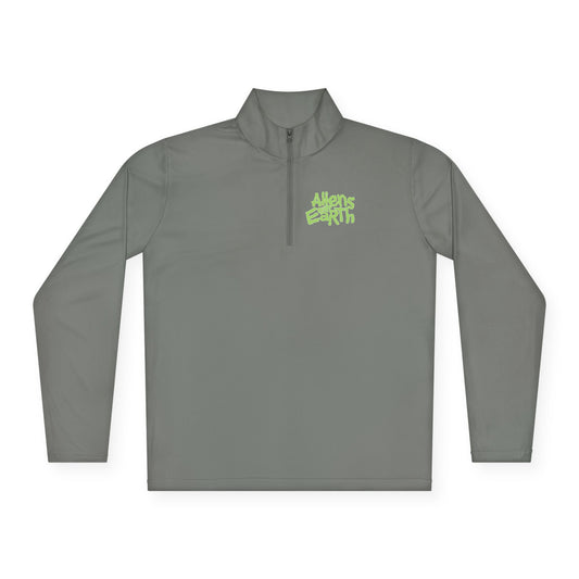 Women's Aliens Built Earth Quarter-Zip Pullover — Neon Smiley 'Please Don’t Panic' Graphic