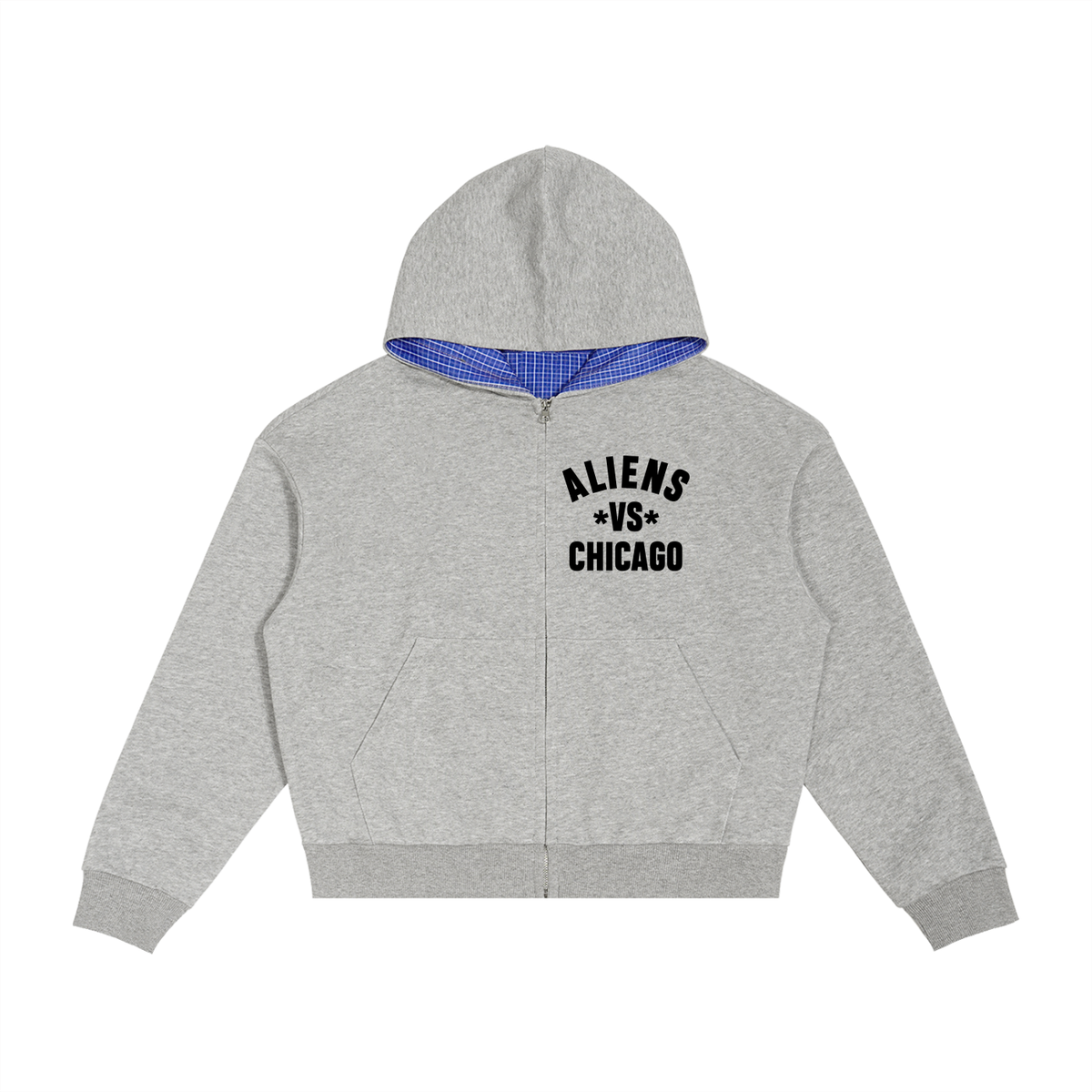 Aliens Vs Chicago Contrast Plaid Boxy Zip Hoodie